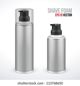 Two Gray Shave Foam Aerosol Spray Metal 3D Bottle Can. Ready For Your Design. Product Packing Vector EPS10