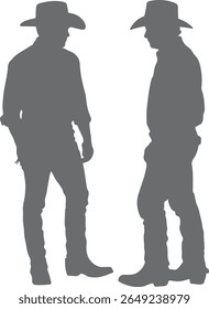 Two gray silhouettes of cowboys in hats and boots stand facing each other against a white background. The simple, minimalist style creates a stark contrast.