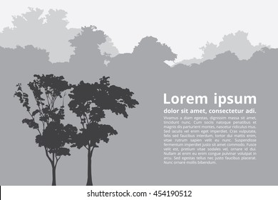 Two gray tree view forest landscape vector background, poster template layout and demo text box, basic backdrop travel scene.