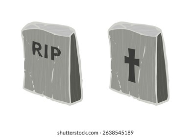 Two gray weathered tombstones, one with the inscription RIP and the other with a cross, create a spooky atmosphere, perfect for Halloween party decorations or themed projects