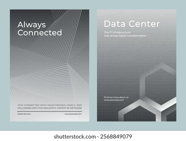 Two grayscale tech posters. One reads 'Always Connected' with abstract lines. The other, 'Data Center,' features hexagonal patterns. Modern, sleek design. Advanced technology gray template vector set.