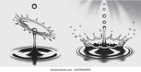 Two grayscale water droplet splash illustrations crown and disc shapes ripple effect