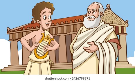 two great philosopher greek thinkers vector illustration. Philosophy, metaphysics, reflections, wisdom, idea.Male cartoon characters with beard and toga talking in vector illustration.