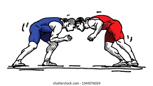 Two Greco-Roman wrestler confronting each other. Hand drawn vector illustration.