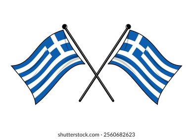 Two Greece National Flags Crossed on Poles, Simple and Elegant Design, Editable and Scalable Vector Illustration, Isolated on White Background, Perfect for Greek-Themed Graphic Projects