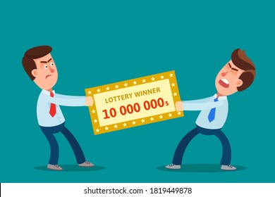 Two greedy people are fighting over a lucky lottery ticket. Conflict over winning of big money. Vector illustration, flat design, cartoon style, isolated background.