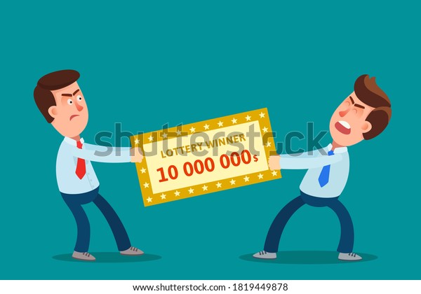 Two greedy people are\
fighting over a lucky lottery ticket. Conflict over winning of big\
money. Vector illustration, flat design, cartoon style, isolated\
background.