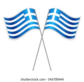 Two Greek crossed flags. Combined Greece isolated on white. Language learning, international business or travel concept.