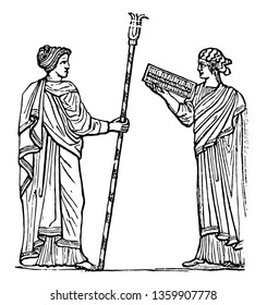 Two Greeks wearing a headdress called Mitra, vintage line drawing or engraving illustration.