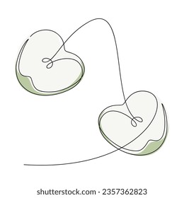 Two green apple halves vector. Line continuous hand drawn illustration. Garden fruit outline icon, abstract linear silhouette. Minimal design, print, banner, card, brochure, logo, menu.