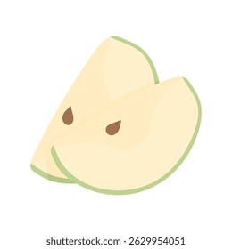 Two green apple slices in cartoon style on white background isolated. Delicious summer fruits. Healthy nutrition