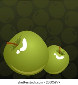 Two green apples on a dark background with fruit silhouettes.