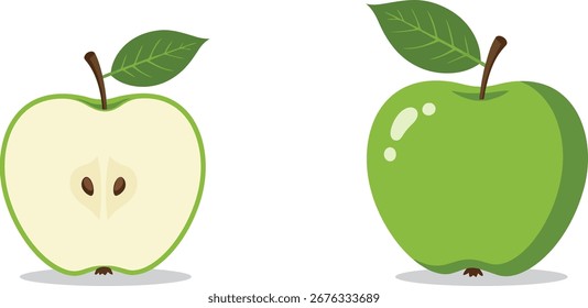 Dos manzanas verdes, una entera y otra cortada por la mitad, con hojas verdes, aisladas sobre un fondo blanco.