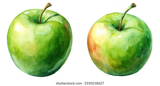Two green apples are shown in a painting. The apples are placed next to each other and are the same size