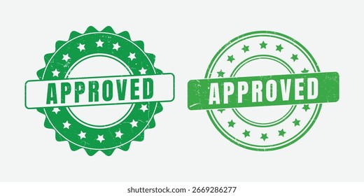 Two green approved stamp illustrations. Round and starburst designs. Symbolizes acceptance, validation, and quality assurance. Isolated on a clean background.