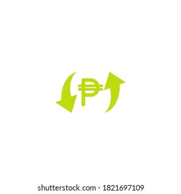 Two green arrows with green peso. Flat icon. Isolated on white. Currency exchange icon. Good for web and software interfaces. Vector illustration. Money Turnover icon. 