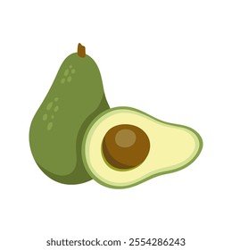 Two green avocado, whole and cut half with seed. Hand drawn cartoon fruit illustration.