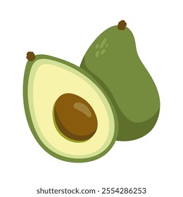 Two green avocado, whole and cut half with seed. Hand drawn cartoon fruit illustration.