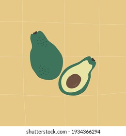 Two green avocados on a yellow background. Avocado fruit vector illustration.