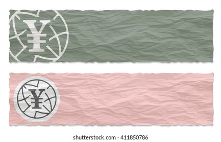 Two green banners of crumpled paper with yen icon