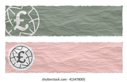 Two green banners of crumpled paper with pound sterling icon