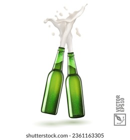 two green beer bottle toasting creating splash, 3D realistic vector set