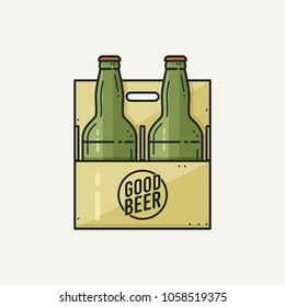 Two green beer bottles in the package isolated on a light background. Beer takeaway. Vector illustration.