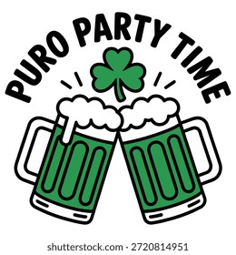 Two green beer mugs clinking together beneath a shamrock with the text 'Puro Party Time' above, symbolizing celebration and festivity.