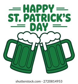 Dos tazas de cerveza verde tintineando junto con espuma desbordante, acompañado por el texto 'Feliz día de San Patricio' en letras verdes en negrita.