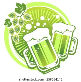 Two green beer mugs and hop on a striped background.