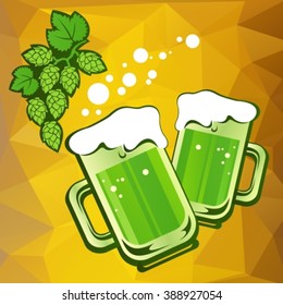Two green beer mugs and hop on a yellow polygonal background.