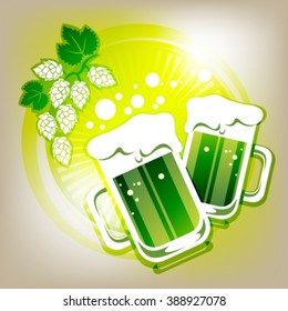 Two green beer mugs and hop on a green background.