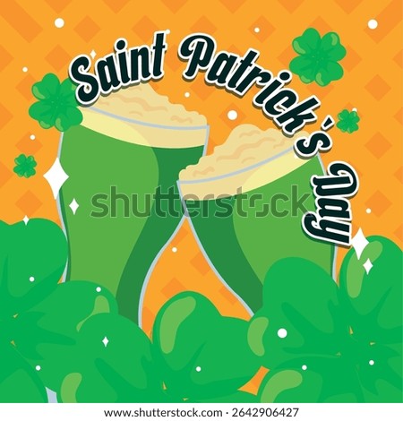 Two green beers and clovers. Vector illustration
