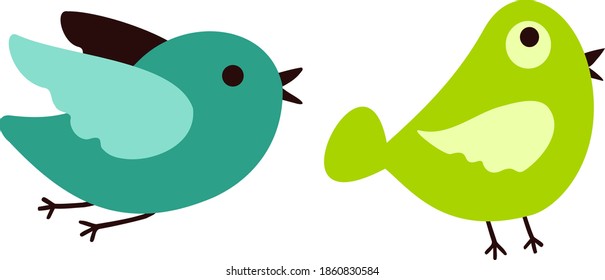 Two green birds. Vector cartoon illustration. Clipart for kids.