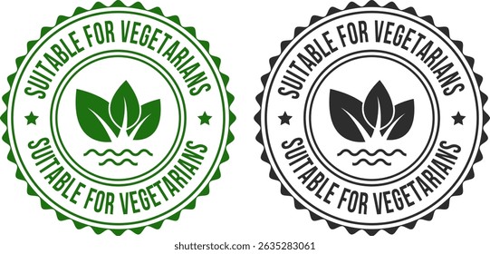 Two green and black labels for vegetables, Vegetarian product approval symbols with eco leaves – sustainable and ethical food packaging icons