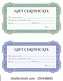 Dos plantillas de certificado de regalo verde y azul. Diseño compuesto, aislado, listo para usar.