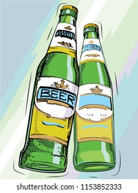 Two green bottles of beer with label. Vector illustration. Cheers.