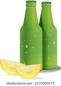 Two green bottles with lemon slices