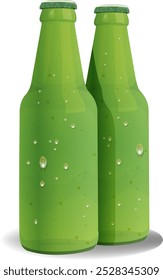 Two green bottles with water droplets