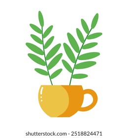 two green branches with leaves in a yellow cup, vector illustration, isolated on white