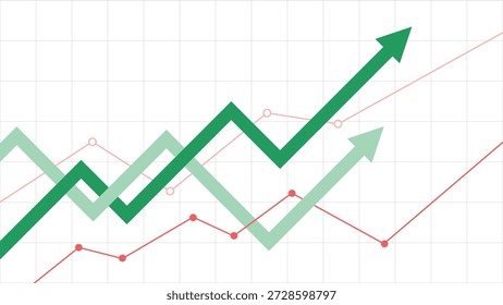 Dos flechas de negocios verdes subiendo y dos gráficos de líneas ascendentes en el fondo de la cuadrícula que representan el crecimiento de las ganancias y el optimismo económico