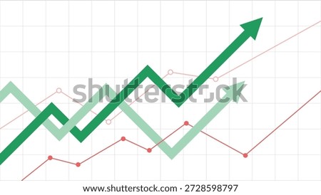Two Green Business Arrows Going Up and Two Rising Line Graphs on Grid Background Representing Profit Growth and Economic Optimism