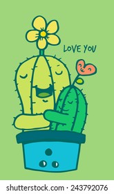  Two Green Cactus hugging in a Pot : I Love You