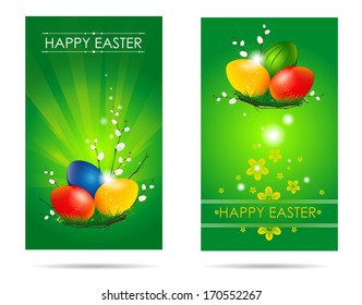 Two green cards devoted to the holiday of Easter with the image of colorful eggs
