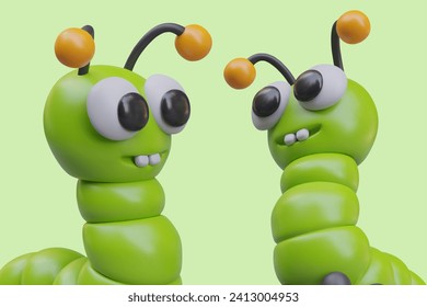 Two green caterpillars look at each other. Funny insects communicate. Confabulation. Vector 3D composition on colored background. Adorable toothy larva