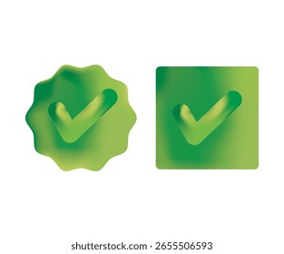 Dos íconos de marca de verificación verde con Gradientes lisos y efectos en relieve, uno dentro de una insignia ondulada y el otro en un cuadrado. Diseño limpio y moderno para UI, App o imágenes de marca.