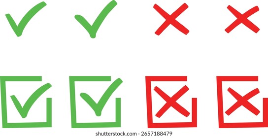 Duas marcas de seleção verdes e duas cruzes vermelhas, mais duas marcas de seleção verdes em caixas e duas cruzes vermelhas em caixas, isoladas no fundo branco.