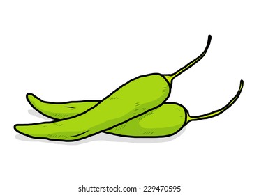 two green chilli pepper / cartoon vector and illustration, hand drawn style, isolated on white background.