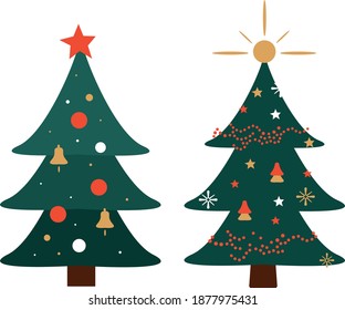 Two green Christmas trees decorated vector illustration. Happy new year hand drawing fir tree isolated greeting card. 