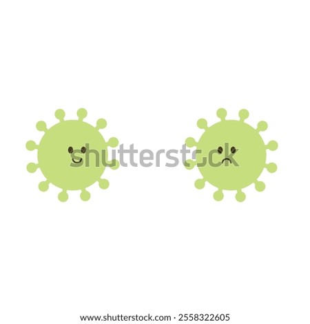 Two green circular virus shapes with protrusions around the edges. The shape on the left has a smiling face, while the shape on the right has a sad face. 